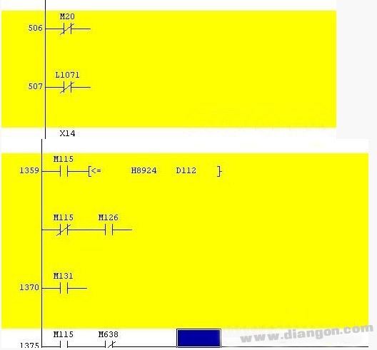 三菱PLC程序上载不完整显示黄色的原因