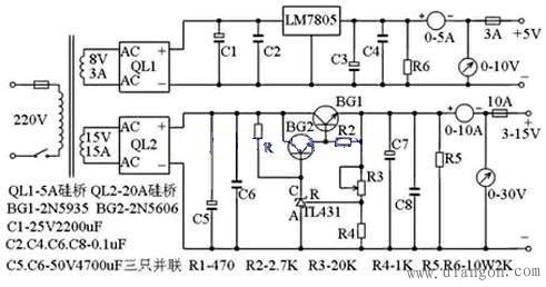 10A3～15V稳压可调电源电路图
