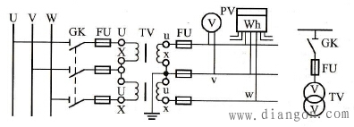 两只单相电压互感器在三相电路中的Vv形接线方式